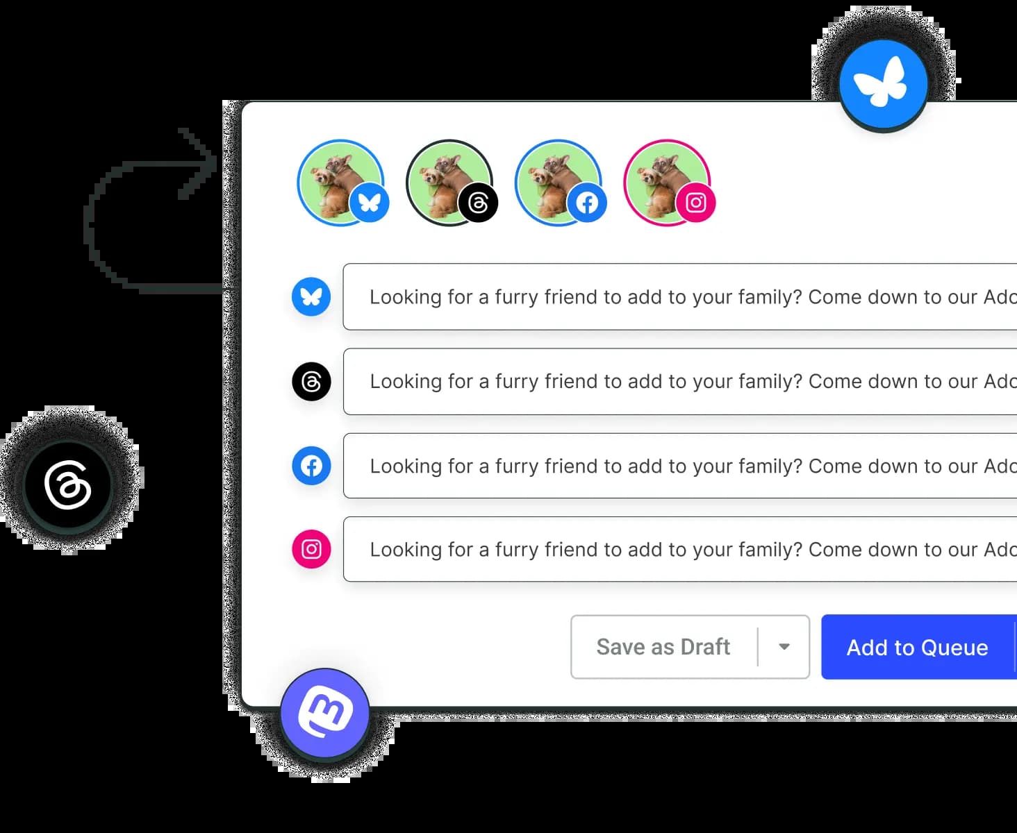 A create Bluesky post screen with options to crosspost to other social media channels by adding them to a posting queue.