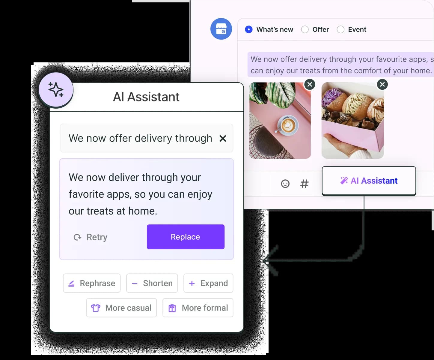 Buffer AI Assistant with a text editor, image attachments, and scheduling options.
