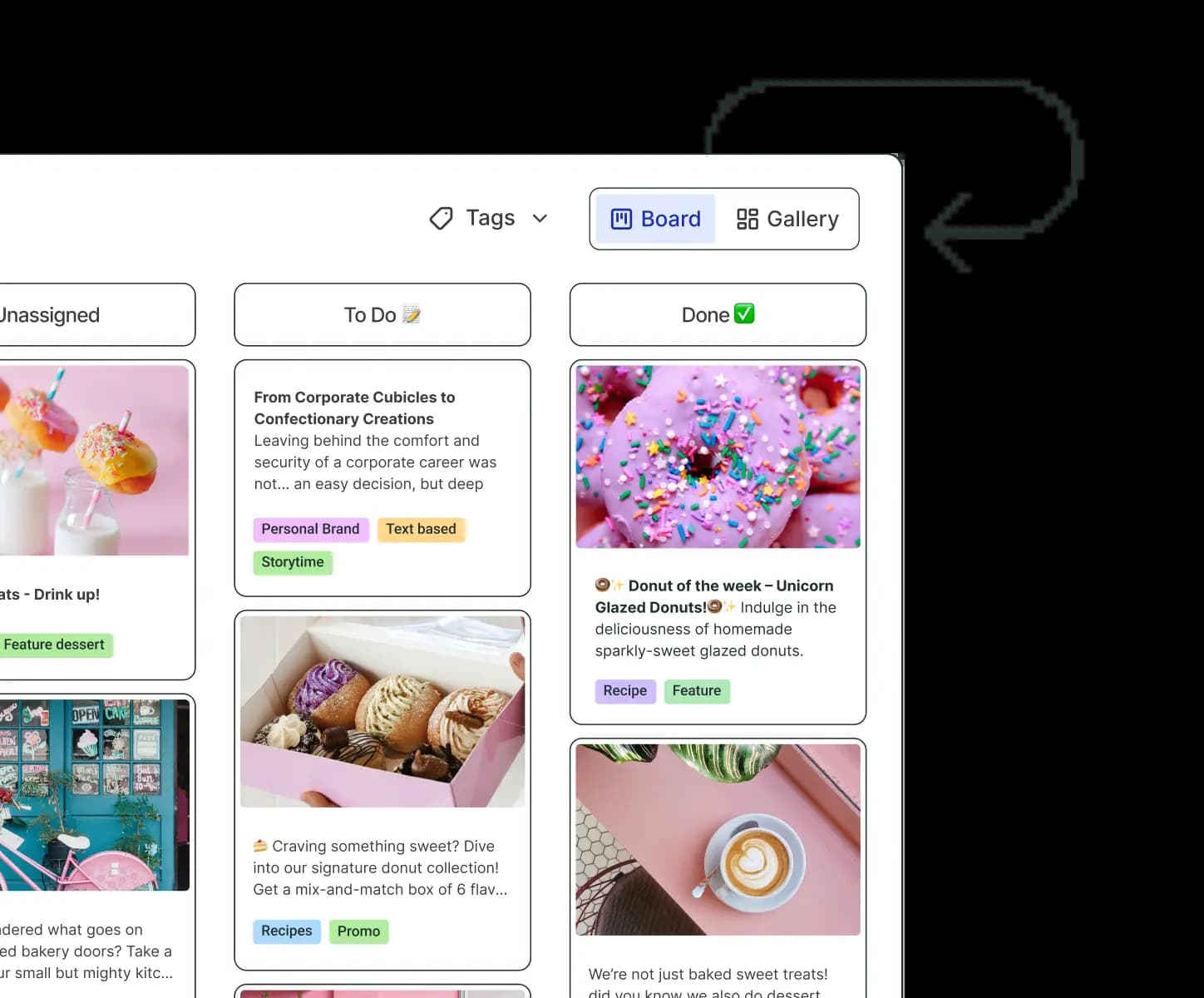 Buffer Create space with a board view for organizing content ideas.