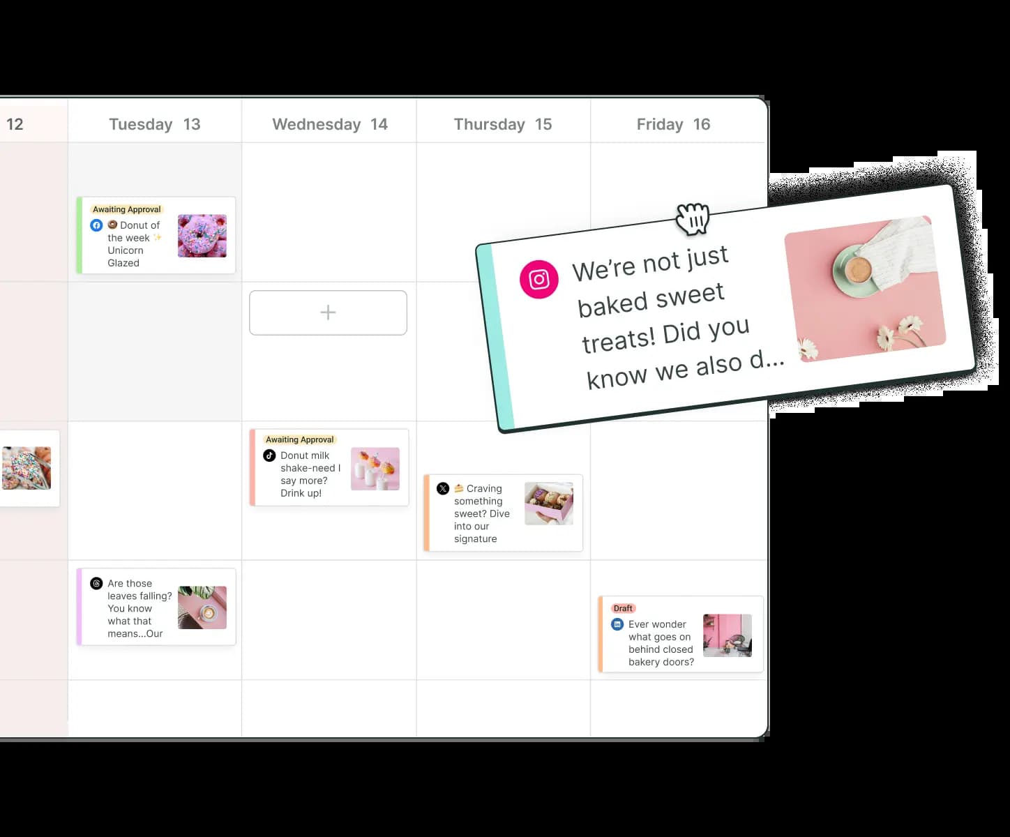 Buffer calendar view with a drag and drop interface for scheduling What’s New, Offer, and Event Type posts.