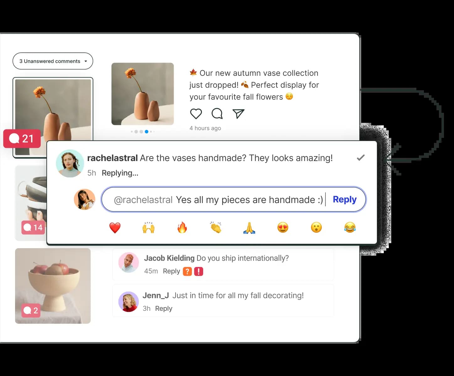 Instagram post comments in Buffer with a reply view that provides a text input and frequently used emoji.