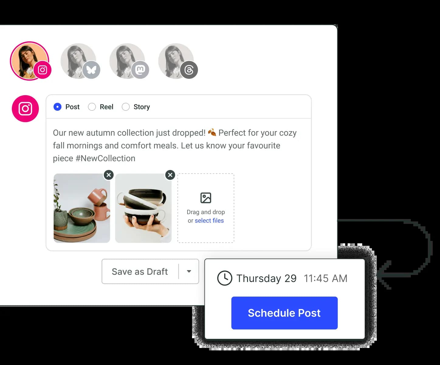 Buffer Instagram editor with a text editor, image attachments, and scheduling options.
