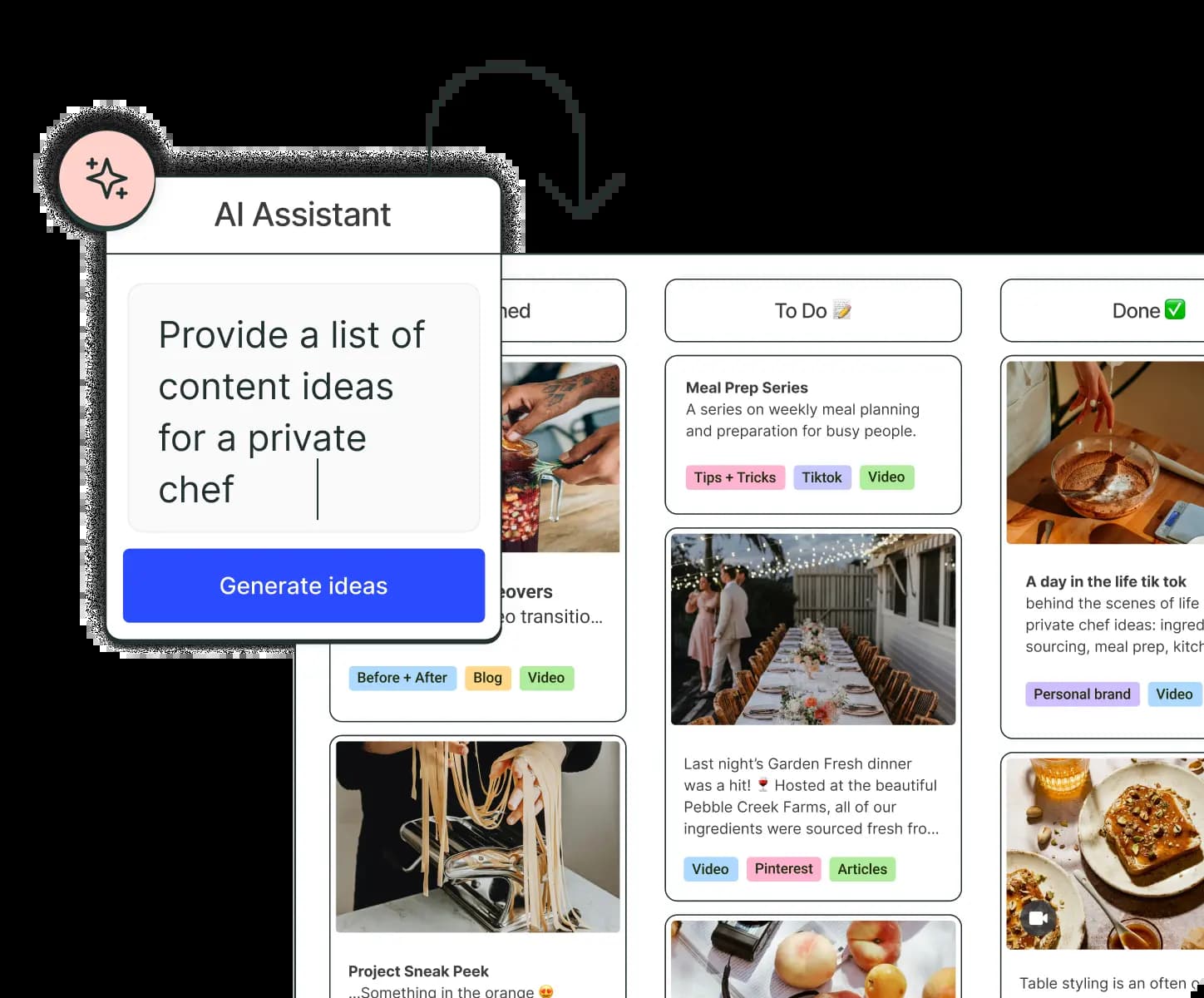 The Buffer Create space with kanban columns for posts by category and an AI Assistant for generating ideas.