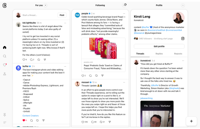 A screenshot of the threads web home page, with different feeds pinned.