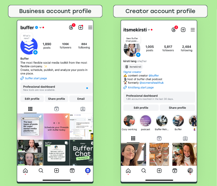 A view of how an Instagram business account profile looks to the user compared to a creator account profile